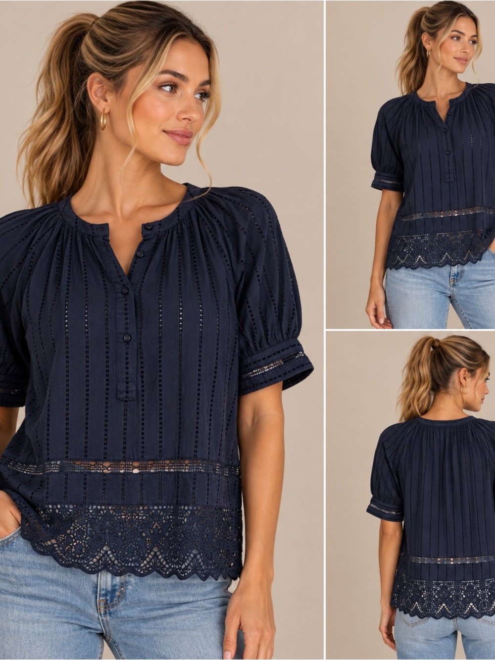 NWT Ulla Johnson Faye Puff Sleeve Top Navy Cotton Eyelet Lace Trim Size 2 Small